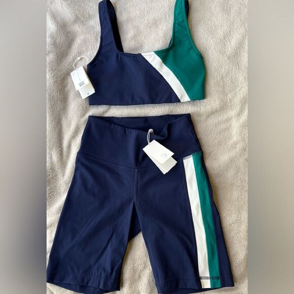 Tory Burch blue/white/green color block sports bra & highrise bike shorts set XS - Picture 1 of 14